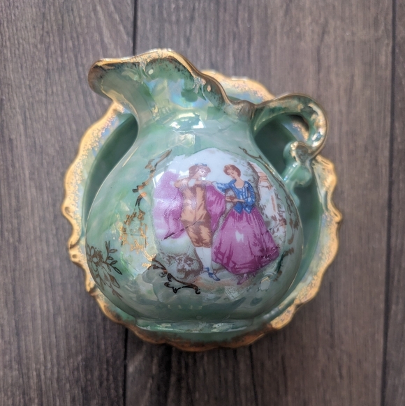 Other - Vintage Green Porcelain Decorative Pitcher with Romantic Scene